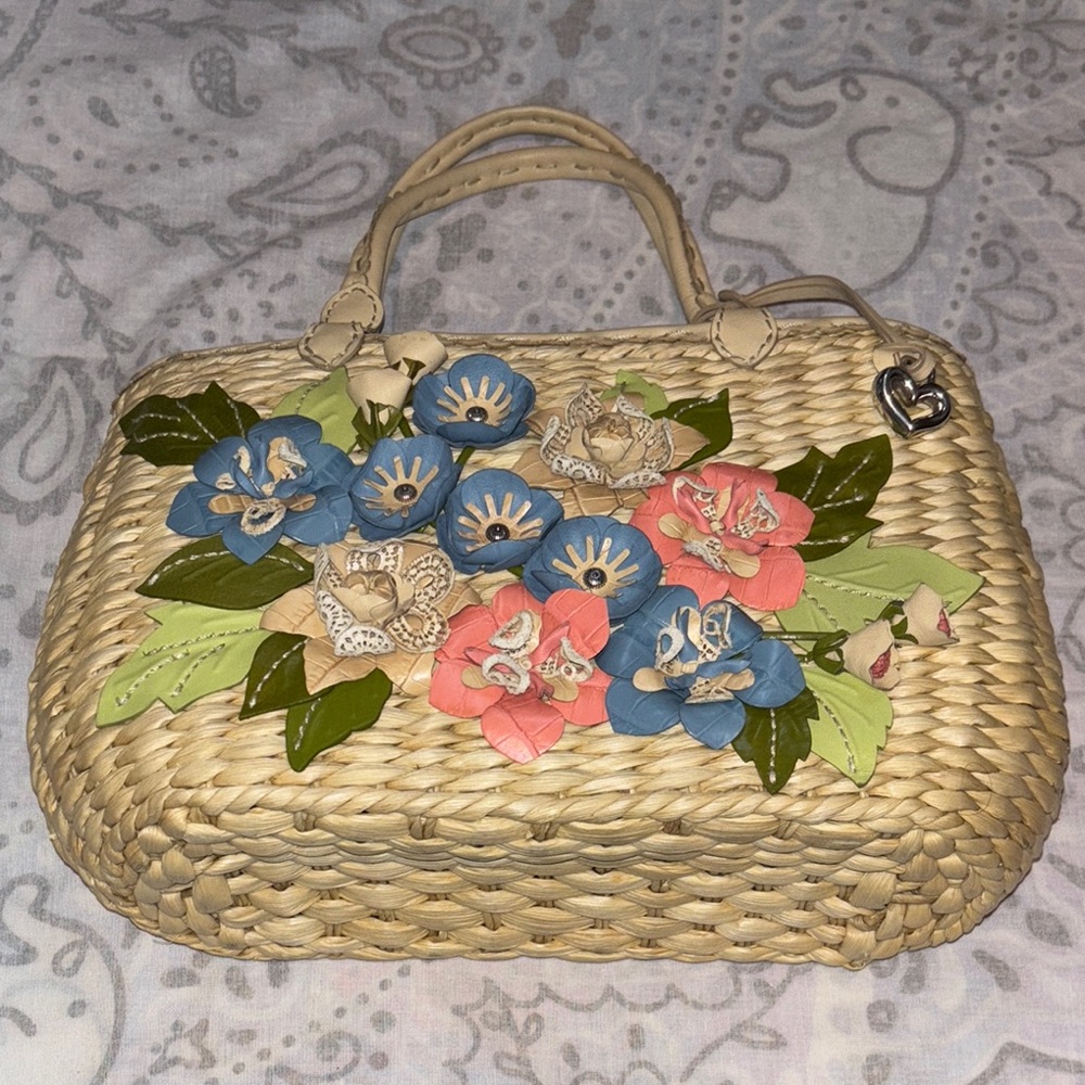 Brighton Lorinna Tan Floral Flower Blue Woven Handbag Purse